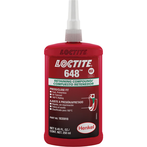 Loctite&reg; 648 Retaining Compound, 250 ml, Bottle, Green Chandler Sales