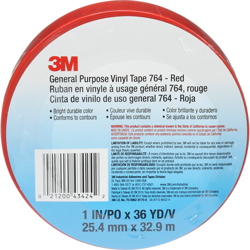 Ruban en vinyle pour travaux g&eacute;n&eacute;raux 764, 25,4 mm (1") la x 32,9 m (108') lo, 5 mils, Rouge Chandler Sales