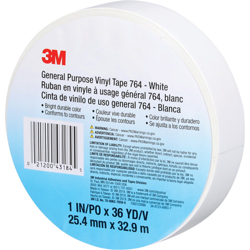 Ruban en vinyle pour travaux g&eacute;n&eacute;raux 764, 25,4 mm (1") la x 32,9 m (108') lo, 5 mils, Blanc Chandler Sales
