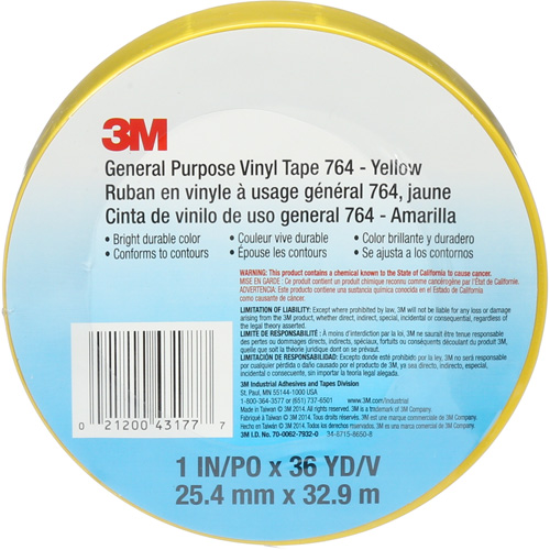 Ruban en vinyle pour travaux g&eacute;n&eacute;raux 764, 25,4 mm (1") la x 32,9 m (108') lo, 5 mils, Jaune Chandler Sales