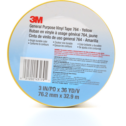 764 General-Purpose Vinyl Tape, 76 mm (3") W x 32.9 m (108') L, 5 mils, Yellow Chandler Sales