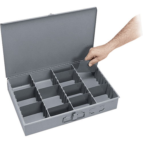 Adjustable Compartment Boxes, Steel, Variable Slots, 18" W x 12" D x 3" H, Grey Chandler Sales