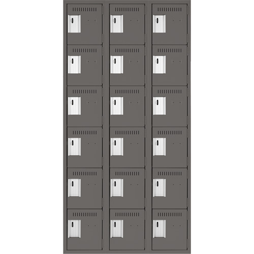 Clean Line Lockerette, 6 -tier, Bank of 3, 36" x 18" x 72", Steel, Charcoal, Rivet (Assembled) Chandler Sales
