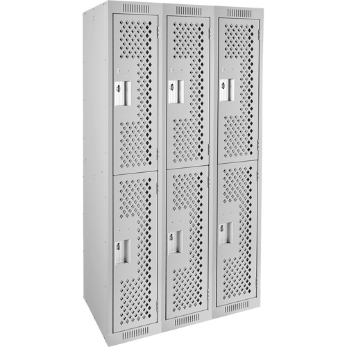 Clean Line Lockers, 2 -tier, Bank of 3, 36" x 12" x 72", Steel, Grey, Rivet (Assembled), Perforated Chandler Sales