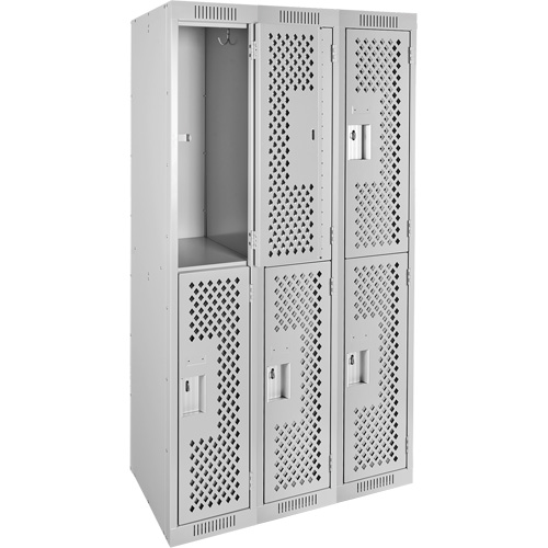 Clean Line Lockers, 2 -tier, Bank of 3, 36" x 12" x 72", Steel, Grey, Rivet (Assembled), Perforated Chandler Sales