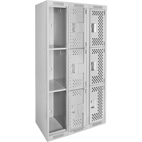 Clean Line Lockers, 3 -tier, Bank of 3, 36" x 12" x 72", Steel, Grey, Rivet (Assembled), Perforated Chandler Sales