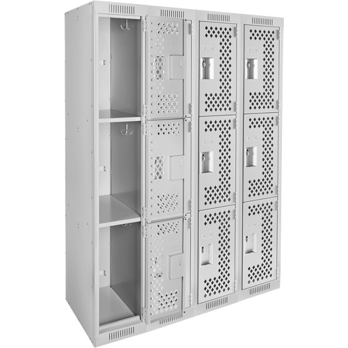 Clean Line Lockers, 3 -tier, Bank of 4, 48" x 12" x 72", Steel, Grey, Rivet (Assembled), Perforated Chandler Sales