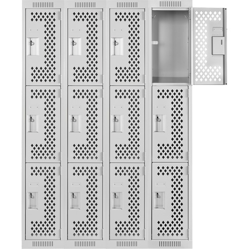Clean Line Lockers, 3 -tier, Bank of 4, 48" x 12" x 72", Steel, Grey, Rivet (Assembled), Perforated Chandler Sales