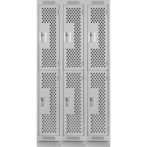 Clean Line Lockers, 2 -tier, Bank of 3, 36" x 12" x 76", Steel, Grey, Rivet (Assembled), Perforated Chandler Sales