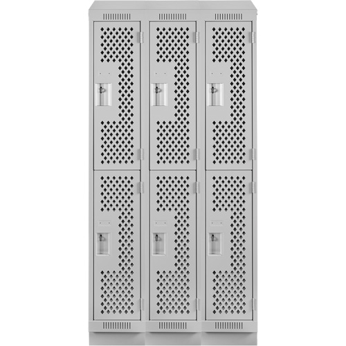 Clean Line Lockers, 2 -tier, Bank of 3, 36" x 15" x 82", Steel, Grey, Rivet (Assembled), Perforated Chandler Sales