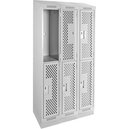 Clean Line Lockers, 2 -tier, Bank of 3, 36" x 15" x 82", Steel, Grey, Rivet (Assembled), Perforated Chandler Sales