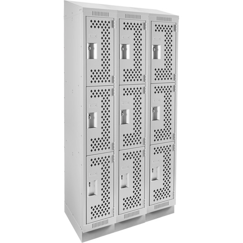 Clean Line Lockers, 3 -tier, Bank of 3, 36" x 15" x 82", Steel, Grey, Rivet (Assembled), Perforated Chandler Sales