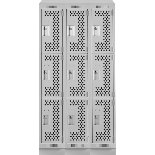 Clean Line Lockers, 3 -tier, Bank of 3, 36" x 15" x 82", Steel, Grey, Rivet (Assembled), Perforated Chandler Sales