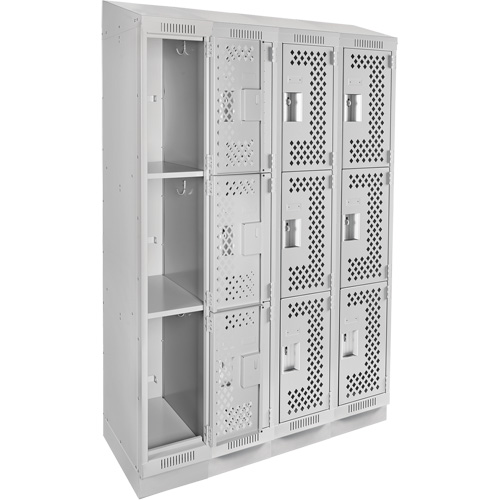 Clean Line Lockers, 3 -tier, Bank of 4, 48" x 15" x 82", Steel, Grey, Rivet (Assembled), Perforated Chandler Sales