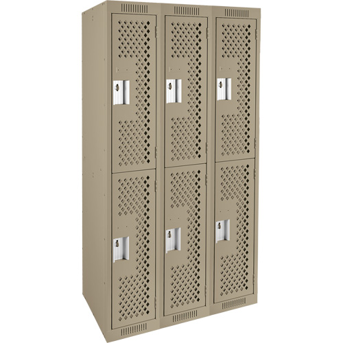 Clean Line Lockers, 2 -tier, Bank of 3, 36" x 12" x 72", Steel, Beige, Rivet (Assembled), Perforated Chandler Sales