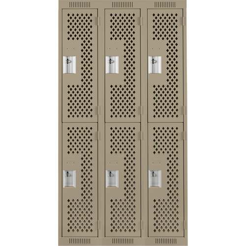 Clean Line Lockers, 2 -tier, Bank of 3, 36" x 12" x 72", Steel, Beige, Rivet (Assembled), Perforated Chandler Sales