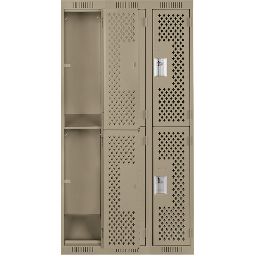 Clean Line Lockers, 2 -tier, Bank of 3, 36" x 12" x 72", Steel, Beige, Rivet (Assembled), Perforated Chandler Sales
