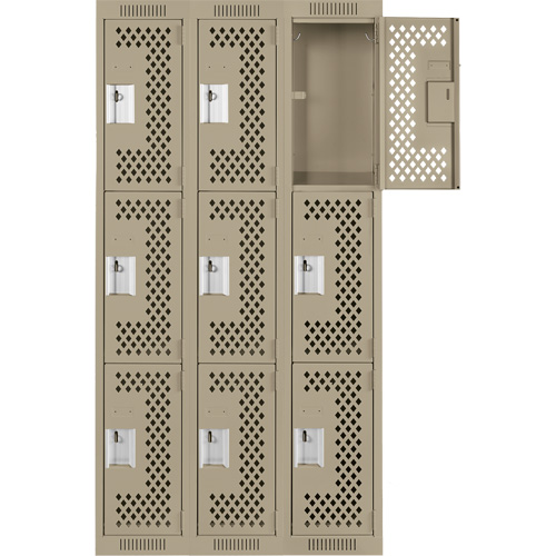 Clean Line Lockers, 3 -tier, Bank of 3, 36" x 12" x 72", Steel, Beige, Rivet (Assembled), Perforated Chandler Sales