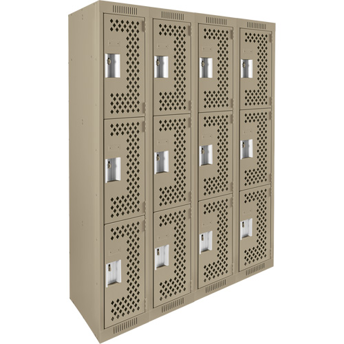Clean Line Lockers, 3 -tier, Bank of 4, 48" x 12" x 72", Steel, Beige, Rivet (Assembled), Perforated Chandler Sales