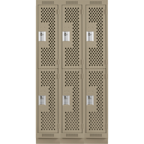 Clean Line Lockers, 2 -tier, Bank of 3, 36" x 12" x 76", Steel, Beige, Rivet (Assembled), Perforated Chandler Sales