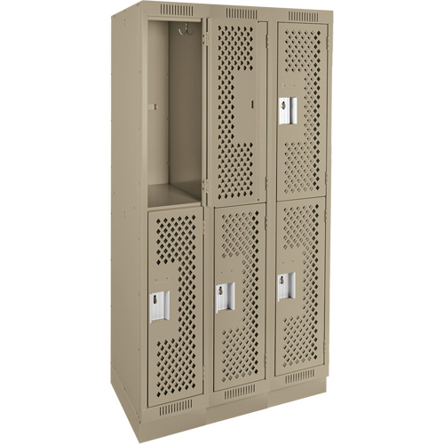 Clean Line Lockers, 2 -tier, Bank of 3, 36" x 12" x 76", Steel, Beige, Rivet (Assembled), Perforated Chandler Sales