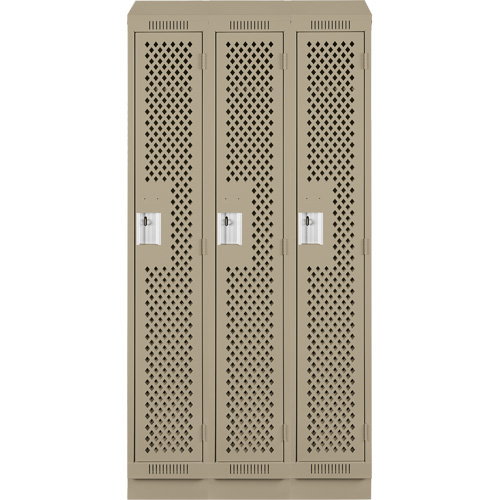 Clean Line Lockers, Bank of 3, 36" x 15" x 82", Steel, Beige, Rivet (Assembled), Perforated Chandler Sales