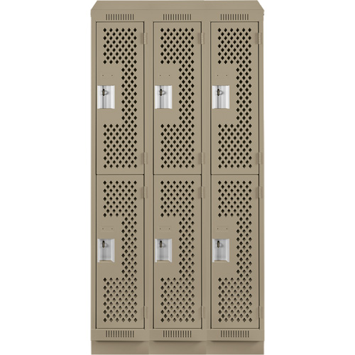 Clean Line Lockers, 2 -tier, Bank of 3, 36" x 15" x 82", Steel, Beige, Rivet (Assembled), Perforated Chandler Sales