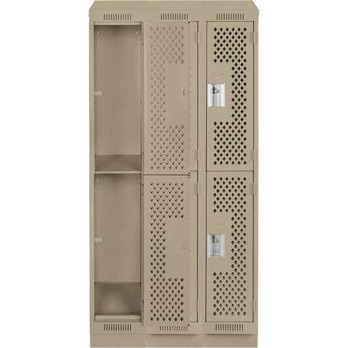 Clean Line Lockers, 2 -tier, Bank of 3, 36" x 15" x 82", Steel, Beige, Rivet (Assembled), Perforated Chandler Sales