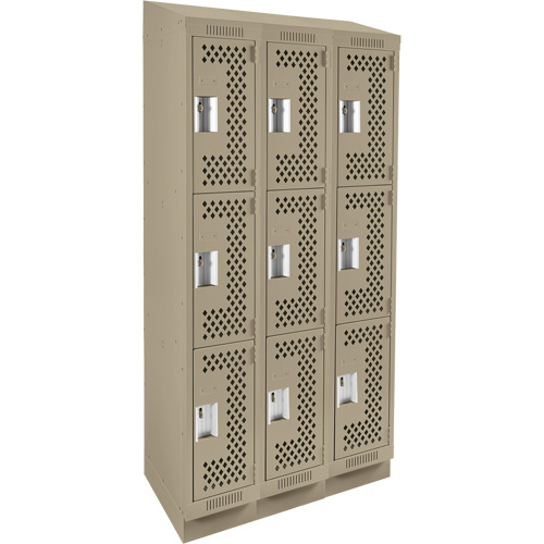 Clean Line Lockers, 3 -tier, Bank of 3, 36" x 15" x 82", Steel, Beige, Rivet (Assembled), Perforated Chandler Sales