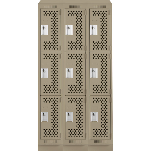 Clean Line Lockers, 3 -tier, Bank of 3, 36" x 15" x 82", Steel, Beige, Rivet (Assembled), Perforated Chandler Sales