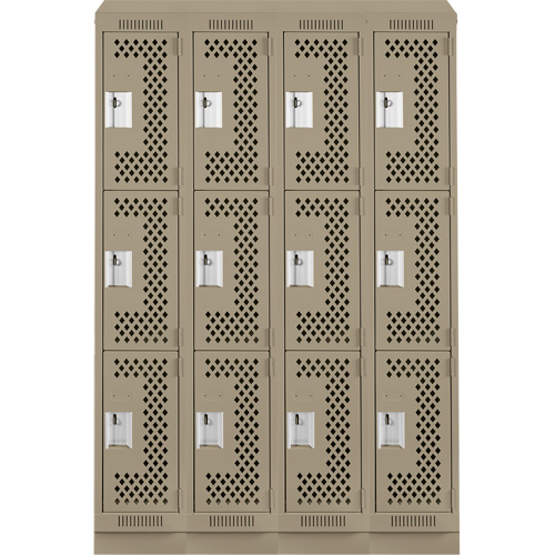 Clean Line Lockers, 3 -tier, Bank of 4, 48" x 15" x 82", Steel, Beige, Rivet (Assembled), Perforated Chandler Sales