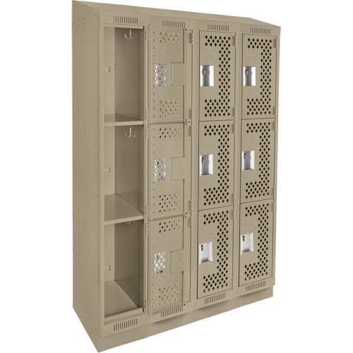 Clean Line Lockers, 3 -tier, Bank of 4, 48" x 15" x 82", Steel, Beige, Rivet (Assembled), Perforated Chandler Sales