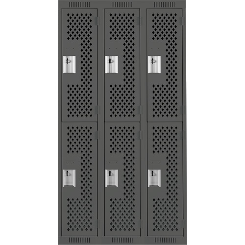 Clean Line Lockers, 2 -tier, Bank of 3, 36" x 12" x 72", Steel, Charcoal, Rivet (Assembled), Perforated Chandler Sales