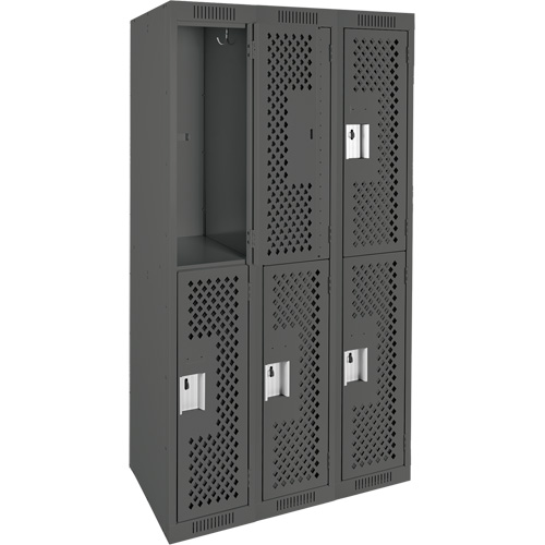 Clean Line Lockers, 2 -tier, Bank of 3, 36" x 12" x 72", Steel, Charcoal, Rivet (Assembled), Perforated Chandler Sales