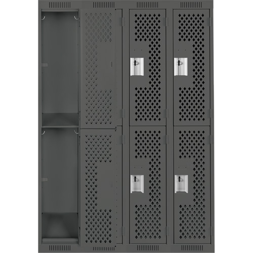 Clean Line Lockers, 2 -tier, Bank of 4, 48" x 12" x 72", Steel, Charcoal, Rivet (Assembled), Perforated Chandler Sales