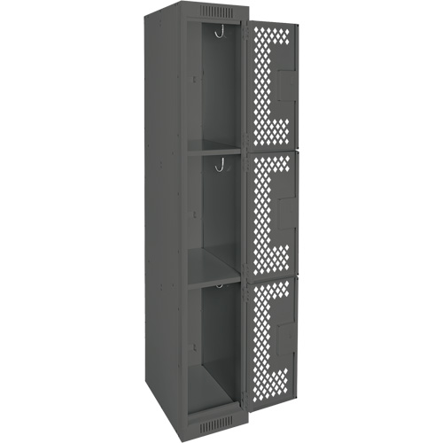 Clean Line Lockers, 3 -tier, 12" x 12" x 72", Steel, Charcoal, Rivet (Assembled), Perforated Chandler Sales