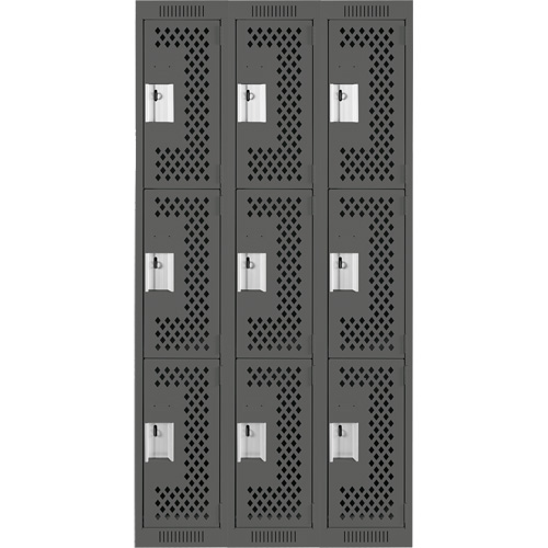 Clean Line Lockers, 3 -tier, Bank of 3, 36" x 12" x 72", Steel, Charcoal, Rivet (Assembled), Perforated Chandler Sales