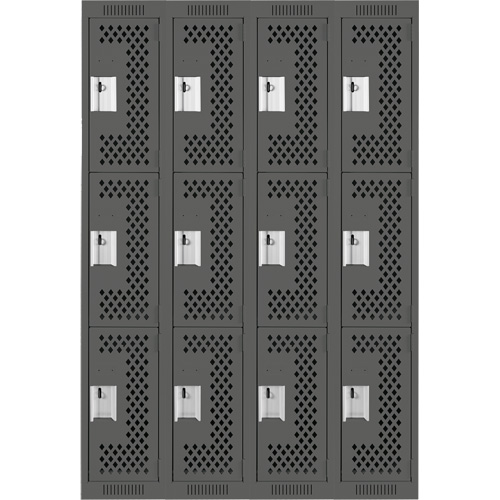 Clean Line Lockers, 3 -tier, Bank of 4, 48" x 12" x 72", Steel, Charcoal, Rivet (Assembled), Perforated Chandler Sales