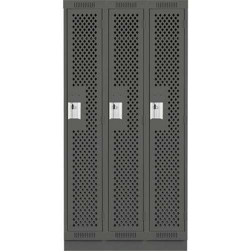Clean Line Lockers, Bank of 3, 36" x 18" x 76", Steel, Charcoal, Rivet (Assembled), Perforated Chandler Sales