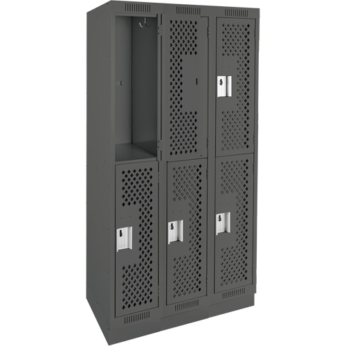Clean Line Lockers, 2 -tier, Bank of 3, 36" x 12" x 76", Steel, Charcoal, Rivet (Assembled), Perforated Chandler Sales