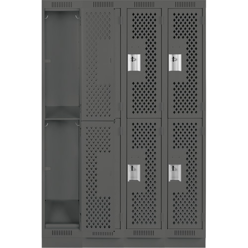 Clean Line Lockers, 2 -tier, Bank of 4, 48" x 12" x 76", Steel, Charcoal, Rivet (Assembled), Perforated Chandler Sales