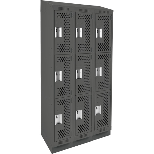 Clean Line Lockers, 3 -tier, Bank of 3, 36" x 15" x 82", Steel, Charcoal, Rivet (Assembled), Perforated Chandler Sales