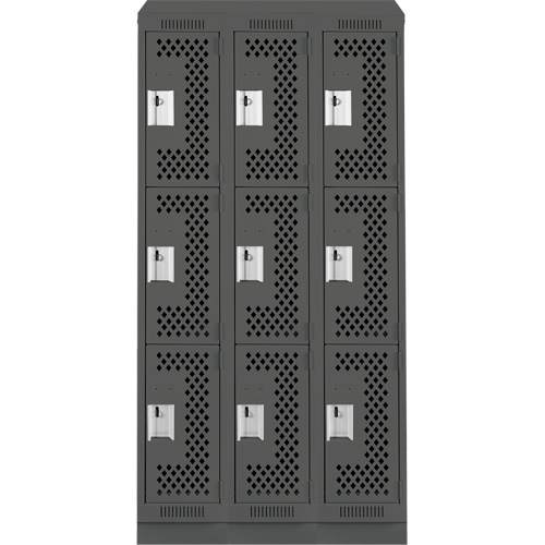 Clean Line Lockers, 3 -tier, Bank of 3, 36" x 15" x 82", Steel, Charcoal, Rivet (Assembled), Perforated Chandler Sales