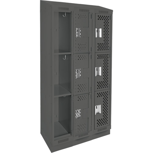 Clean Line Lockers, 3 -tier, Bank of 3, 36" x 15" x 82", Steel, Charcoal, Rivet (Assembled), Perforated Chandler Sales