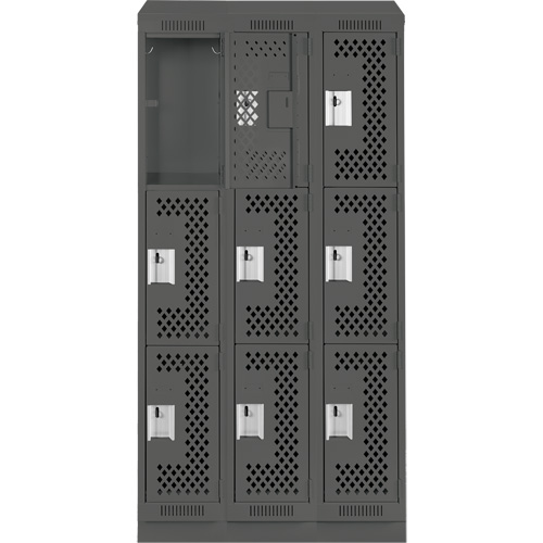 Clean Line Lockers, 3 -tier, Bank of 3, 36" x 15" x 82", Steel, Charcoal, Rivet (Assembled), Perforated Chandler Sales