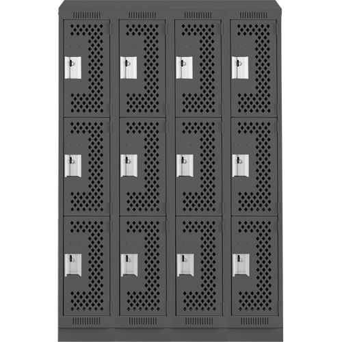 Clean Line Lockers, 3 -tier, Bank of 4, 48" x 15" x 82", Steel, Charcoal, Rivet (Assembled), Perforated Chandler Sales