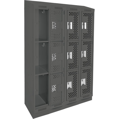 Clean Line Lockers, 3 -tier, Bank of 4, 48" x 15" x 82", Steel, Charcoal, Rivet (Assembled), Perforated Chandler Sales