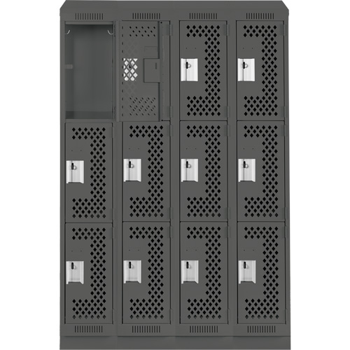 Clean Line Lockers, 3 -tier, Bank of 4, 48" x 15" x 82", Steel, Charcoal, Rivet (Assembled), Perforated Chandler Sales