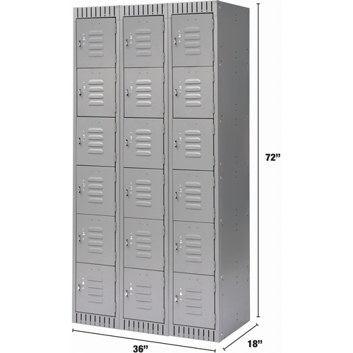 Lockers, 6 -tier, Bank of 3, 36" x 18" x 72", Steel, Grey, Knocked Down Chandler Sales