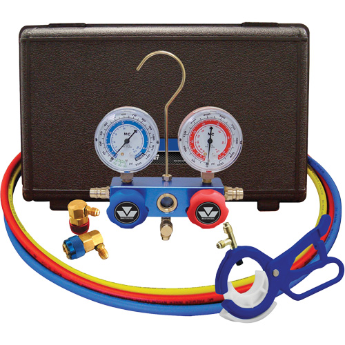 Jeu de manom&egrave;tres collecteurs &agrave; deux voies R134A pour automobile avec coupleurs et robinet perce-canette lat&eacute;rale 3-en-1 Chandler Sales
